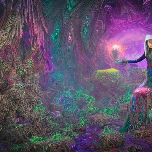 Prompt: mystical witch, hyper detailed, flowing background, intricate and detailed, trippy, 8 k, octane render