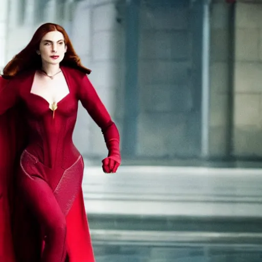 Prompt: anne hathaway as scarlett witch, marvel movie, cinestill colour, anarmophic