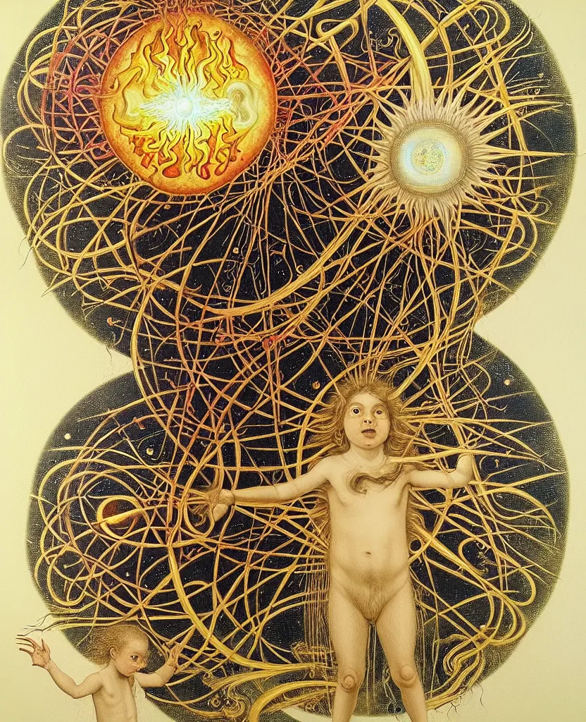 Image similar to a wild child creature radiates a unique canto'as above so below'while being ignited by the spirit of haeckel and robert fludd, breakthrough is iminent, glory be to the magic within, in honor of jupiter's day, painted by ronny khalil