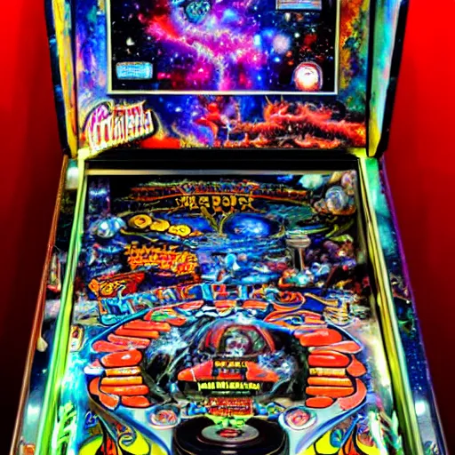 Prompt: full view of a cosmic horror pinball machine, photo