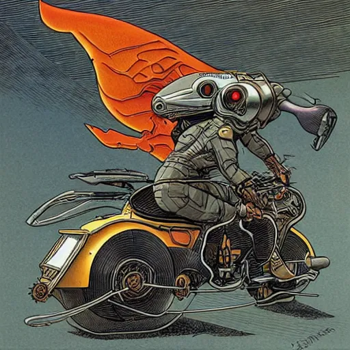 Prompt: flying alien motorcycle by Jean 'Moebius' Giraud