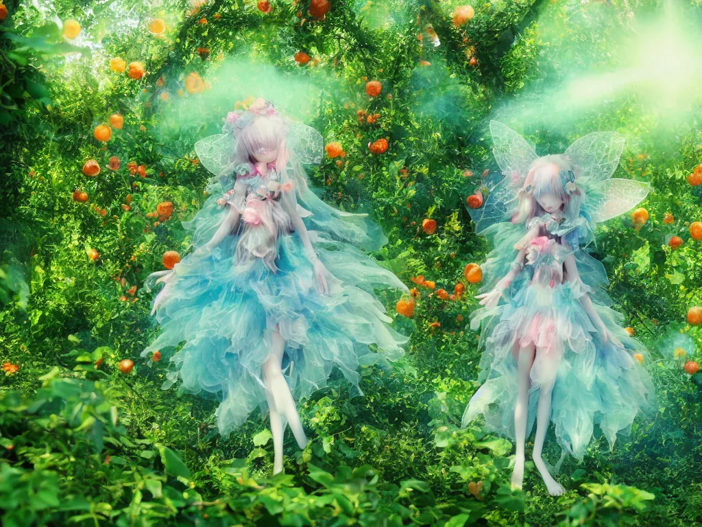 Image similar to cute fumo plush girl among vines in the middle of a lush rose garden, glowing ethereal gothic magical wraith fairy girl, tattered green dress, smoke and orange volumetric fog, blue sky sunshine lens flare, bokeh, vray