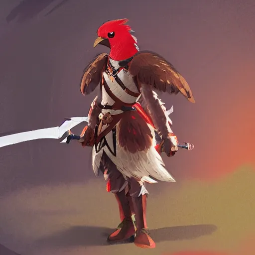 Image similar to avian leader in a army combat uniform created entirely of feathers holding a rapier with a bright red beak medieval theme rito breath of the wild, concept art, artistic