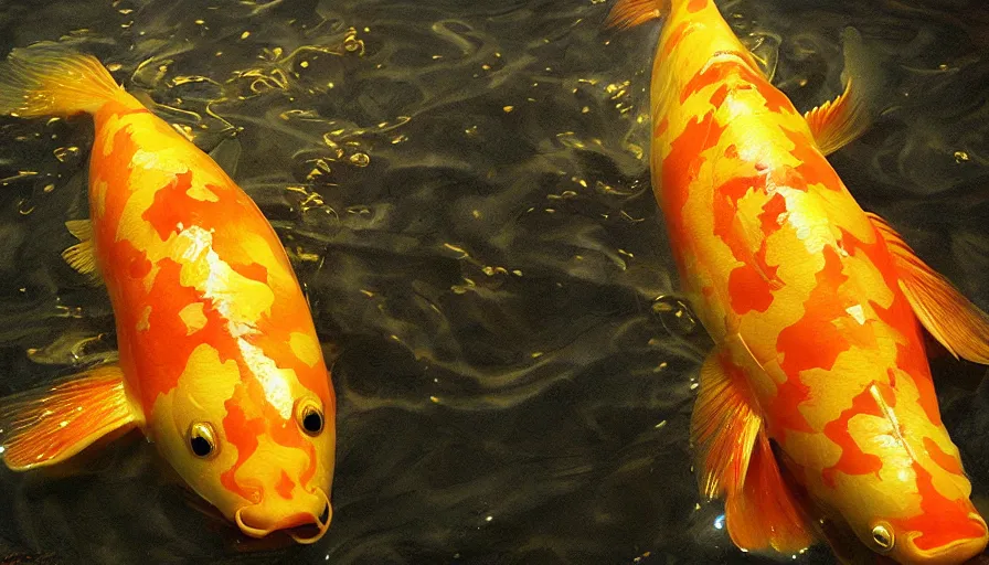 Image similar to a single golden glowing koi! fish swims in magical water with caustics and volumetric lighting, photorealistic painting