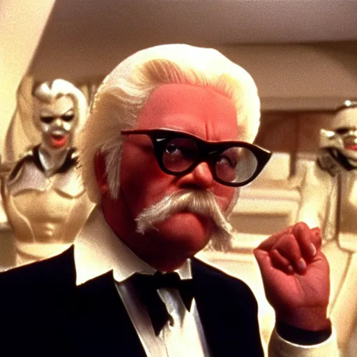 Image similar to A still of Colonel Sanders as an evil supervillain in a 1980s movie