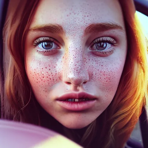 Image similar to beautiful hyperrealism hyperdetailed selfie of a cute young woman sitting in her car, flushed face, red blush, light freckles, puffy lips, soft features, 8 k, sharp focus, art by irakli nadar