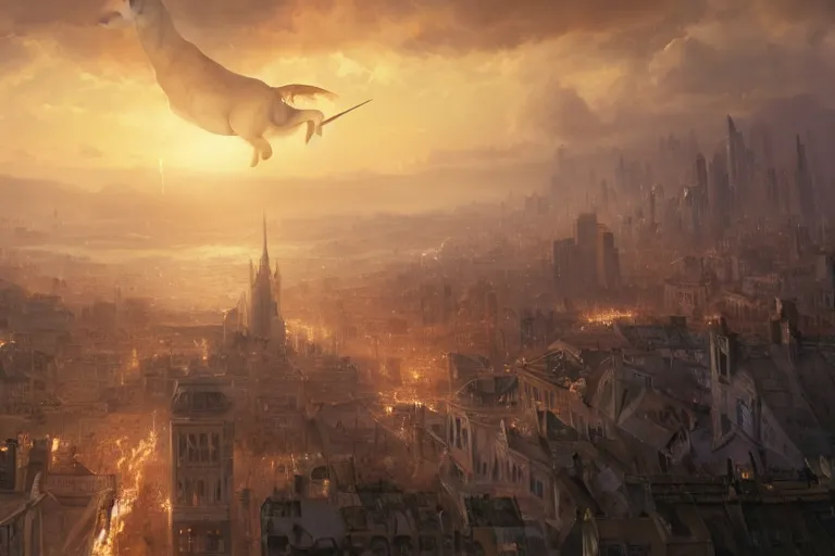 Image similar to a unicorn flying over a city on fire, matte painting, long shot, concept art, wide shot, digital art, trending on artstation, 4 k, extremely detailed, realistic, midday, warm colors, golden sunlight, by greg rutkowski, cinematic, epic