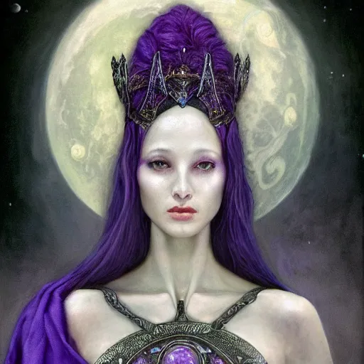 Prompt: painting of slim priestess of the moon, silver filigree armor and tiara, moon above head, purple wavy hair, smooth translucent skin, wide striking eyes, beautiful! coherent! symmetrical body, by brom, by brian froud, strong line, high contrast, muted color, preraphaelite style, 4 k, trending on artstation