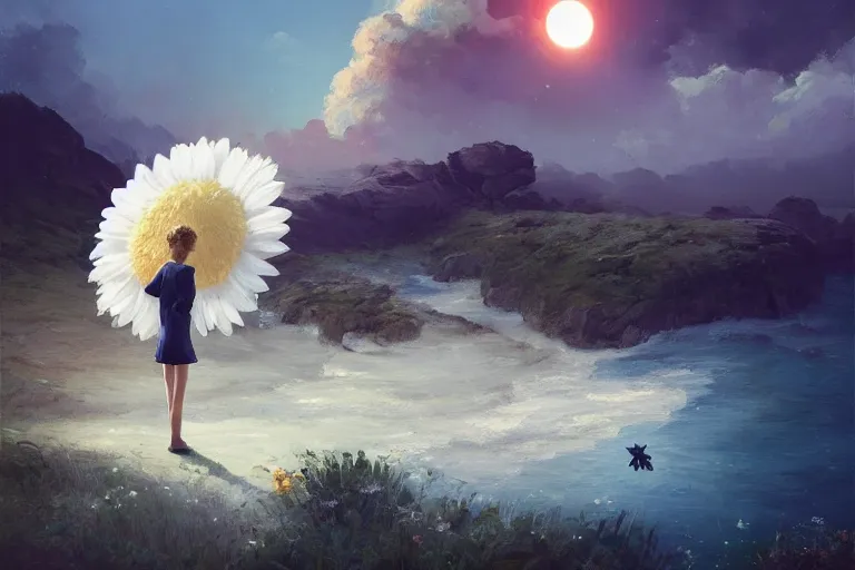 Image similar to huge white daisy flower blooming as a head, girl walking on cliff, surreal photography, solar eclipse, stars, dramatic light, impressionist painting, clouds, digital painting, artstation, james gilleard, liam wong, jeremy mann, simon stalenhag