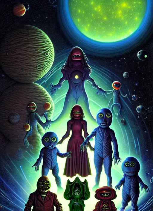 Prompt: detailed image of a creepy family in the deep space, by Ernest Renard and Skottie Jeune, by Michael Whelan, rich deep colors. Masterpiece! intricate artwork, very coherent symmetrical artwork, cinematic, hyper realism, high detail, octane render, unreal engine, 8k, Vibrant colors, Smooth gradients, High contrast, depth of field. by Katsuhiro Otomo, full body character drawing, inspired by Evangeleon, clean ink detailed line drawing, intricate detail, extremely detailed.