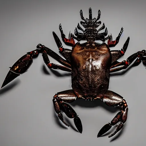 Image similar to a crab wearing medieval steel armor with iron claws, rivets, industrial, metal, studio lighting