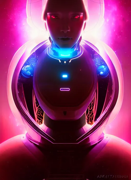 Prompt: a futuristic cyber astronaut, sci fi, glowing aura, volumetric lights, red and cyan theme, art nouveau alien botanicals, intricate, highly detailed, digital painting, artstation, concept art, smooth, sharp focus, cinematic, illustration, beautiful face, art by artgerm and greg rutkowski and alphonse mucha, white background