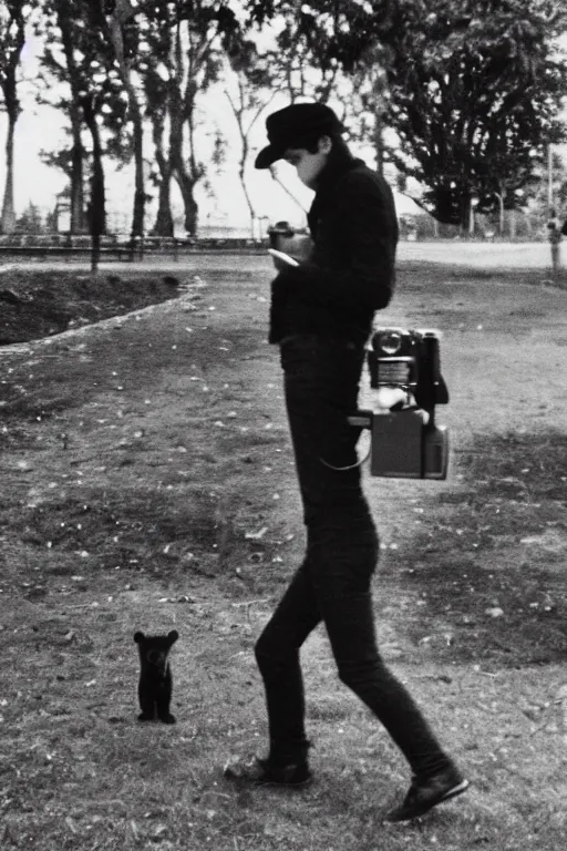 Image similar to slim teenage boy, dark curly hair, wearing a black beret hat, dark shirt black trousers, brown satchel, outside in a park, using a super 8mm camera to film a bear which is beside him