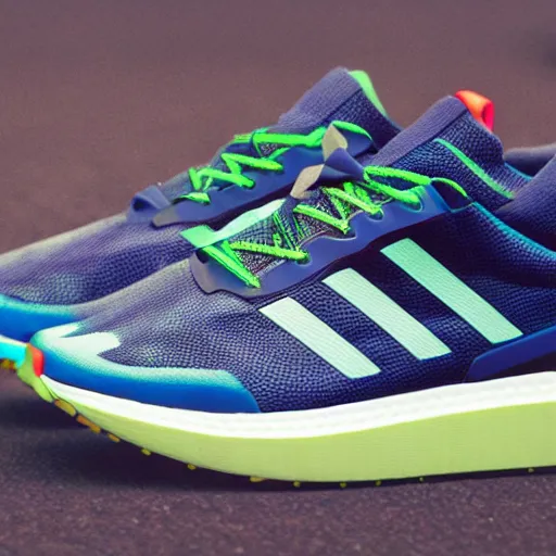 Prompt: the future of running shoes, product catalog shots, mecha details and colorful, Adidas