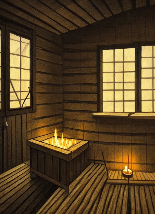 Image similar to finnish sauna, backround dark, highly detailed, digital illustration, trending in artstation, modern painting, smooth, sharp focus, intricate, einar jonsson, ilya repin