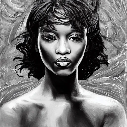 Image similar to god as a woman, black and white painting except her eyes are brown, award winning, beautiful esthetics