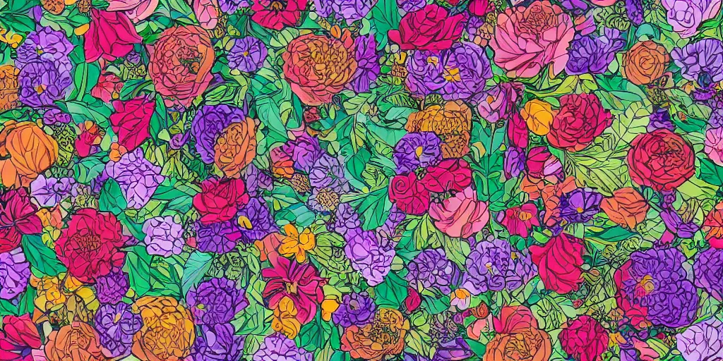 Prompt: flowers pattern, by anastasia beltyukova, intricate, sharp focus, detailed, lively colors, studio ghibli color scheme