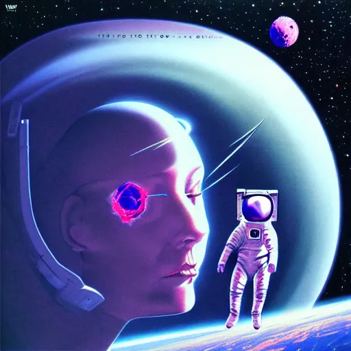 Image similar to futuristic | album cover | space station | astronaut woman | in the style of wayne barlowe