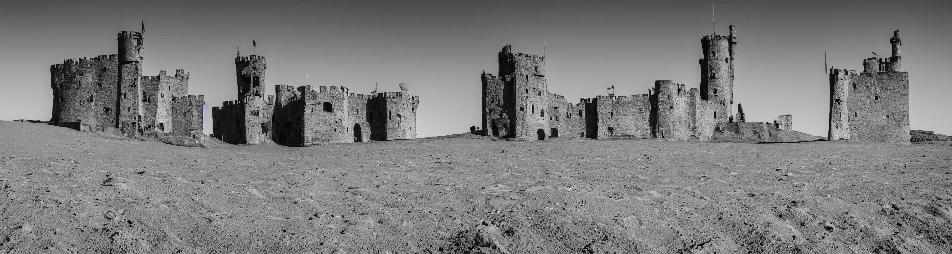 Image similar to landscape photography of the lunar surface with a spooky medieval castle tower on the far left