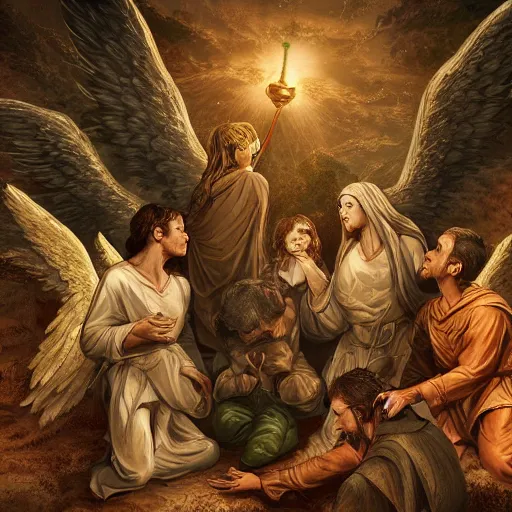 Prompt: angels protecting a praying man very highly detailed, award winning, trending on artstation, 4K UHD image