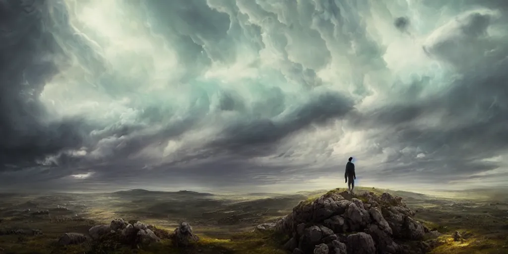 Prompt: photo of 8k ultra realistic lone man standing on hill surrounded by swirling clouds and dramatic lighting, overlooking distant city, storm, lighting, full of colour, cinematic lighting, battered, trending on artstation, 4k, hyperrealistic, focused, extreme details,unreal engine 5, cinematic, masterpiece, art by Peter Mohrbacher