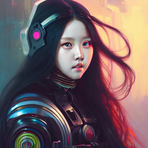 Image similar to portrait painting of olivia hye kpop as a cheerful smiling cyberpunk mercenary, ultra realistic, concept art, intricate details, eerie, highly detailed, photorealistic, octane render, 8 k, unreal engine. art by artgerm and greg rutkowski and magali villeneuve and alphonse mucha