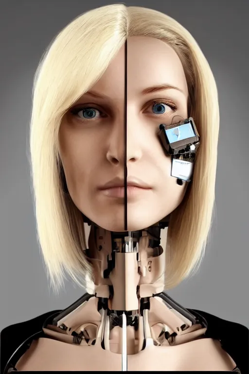 Image similar to robot with human face, female head, full body angle, woman human face, human face realistic, beautiful blonde hair, human head, human head with blonde hair, blonde hair human head, blonde hair, human realistic face, human head skin, cyborg frame concept, cyborg by ales-kotnik, sci-fi android female, the body is made of wires, robotic body, cyborg body, cyborg bust body, robot body cyborg, full body
