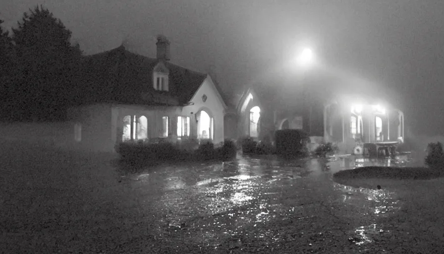 Image similar to mini dv camera found footage of a heavy burning french style little house by night, rain, foggy, in a small northern french village, by sony mini dv camera, heavy grain, low quality, high detail, dramatic light, anamorphic, flares