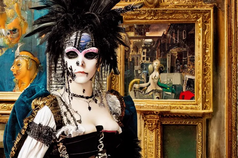 Prompt: close up portrait of a punk goth girl wearing venetian carnival mask in a cyberpunk futuristic venezia carnival by ellen von unwerth, oil painting by canaletto hieronymus bosh leonardo da vinci piero della francesca botticelli