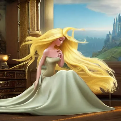 Prompt: disney princess with long blonde hair wearing elegant silk dress playing xbox in front of large television : : weta disney pixar movie still photo : : hi - fructose, decadent highly - detailed digital painting, golden ratio, octane render, artstation, cinematic composition, smooth, sharp focus, artgerm, mucha, loish, wlop