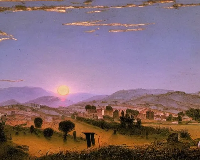 Prompt: spring, sunrise, view over a village in the countryside of Morocco, by Caspar David Friedrich