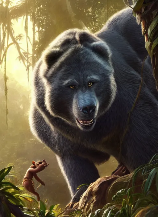 Image similar to baloo from the jungle book ( 1 9 6 7 ), d & d, fantasy, intricate, elegant, highly detailed, digital painting, artstation, concept art, matte, sharp focus, illustration, hearthstone, art by artgerm and greg rutkowski and alphonse mucha