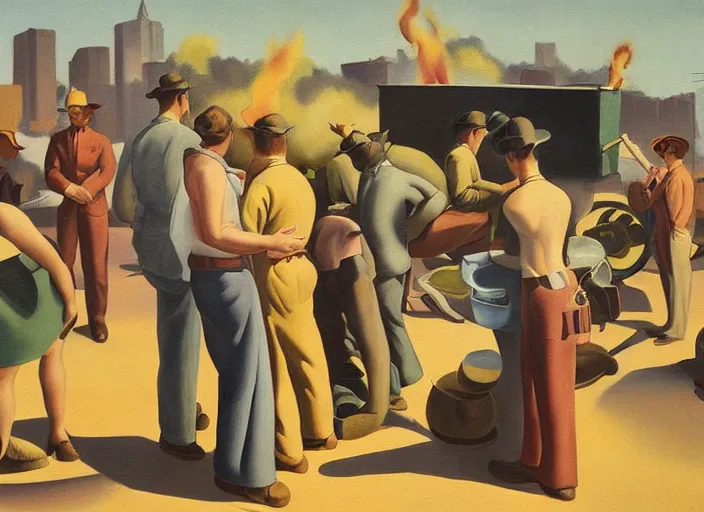 Image similar to people standing around a burning dumpster, an art deco painting by thomas hart benton, austin briggs, john philip falter, cg society, american scene painting, dystopian art, american realism, academic art