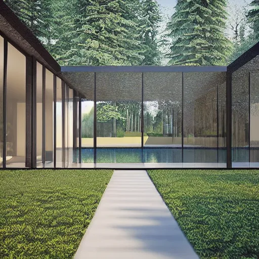 Image similar to “ large openings frame views of the villa's positioning amidst a fir - tree woodland, unreal engine 5 render ”