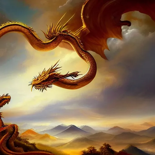 Prompt: a landscape painting of a golden serpent dragon winding through the air in a mountain range, chinese dragon, intimidating clouds, ultrawide angle, depth of field, in a baroque style, 4 k, artstation