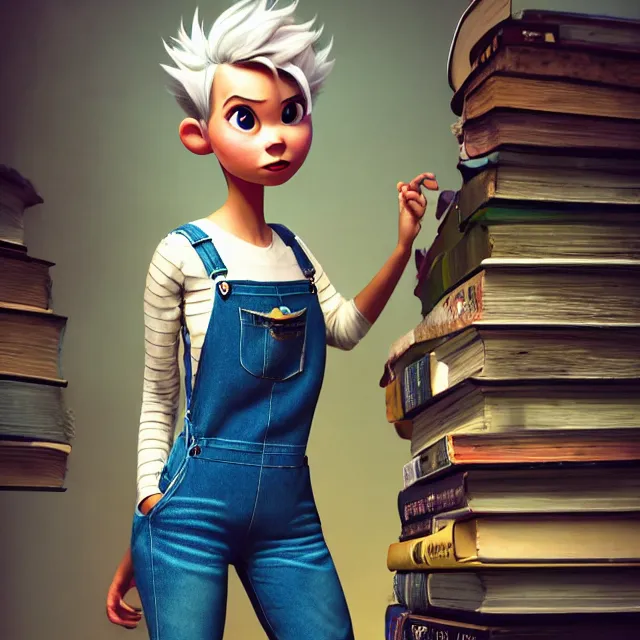 Prompt: full body pose, beautiful adult book fairy, pixar, short white hair shaved sides, dirty, grungy, grunge, long sleeve, painted overalls, stacks of giant books, highly detailed, 4 k, hdr, smooth, sharp focus, high resolution, award - winning photo, artgerm, photorealistic