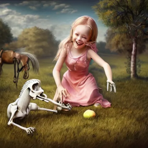 Image similar to a portrait of a little girl feeding an apple to a skeleton horse, the girl looks happy and have bright eyes and a porcelain face, matte painting 3 d watercolour rendering,