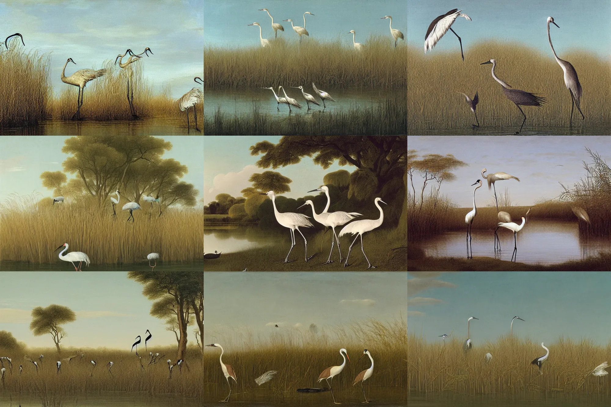Prompt: A beautiful painting of a group of crane birds standing in the water, surrounded by reed, by George Stubbs