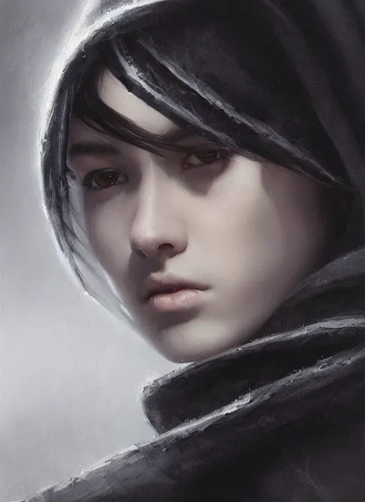 Prompt: a teenage girl with very short black hair and a huge cloak made of grey and black strips. mist swirls around her. beautiful highly detailed face. beautiful painting by artgerm and greg rutkowski and raymond swanland