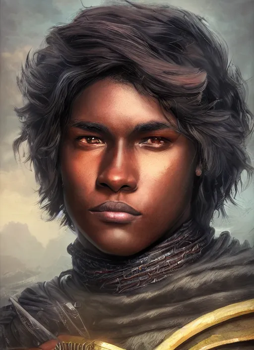 Image similar to An epic fantasy comic book style portrait painting of a young dark skinned long haired boy peasant with intelligent eyes in the style of the wheel of time, unreal 5, DAZ, hyperrealistic, octane render, cosplay, RPG portrait, dynamic lighting