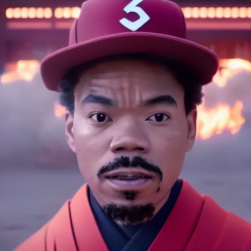 Prompt: cinematic film still of Chance The Rapper starring as a Samurai holding fire, Japanese CGI, VFX, 2022, 40mm lens, shallow depth of field, film photography