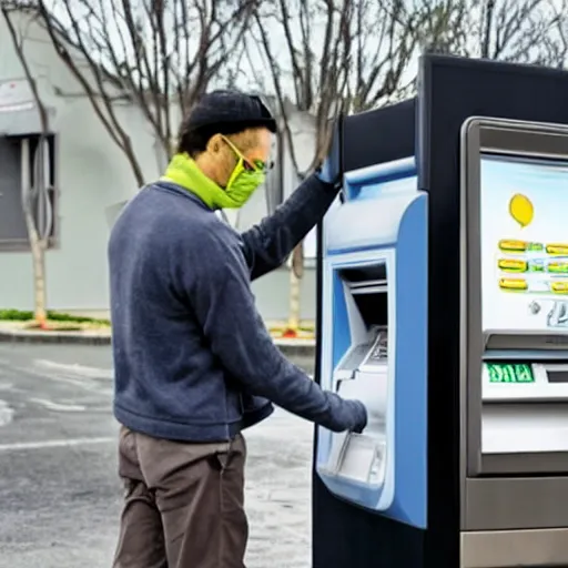 Prompt: Man withdrawing a stack of fish from an ATM