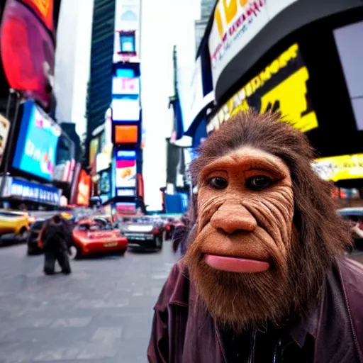 Image similar to a neanderthal confused in times square