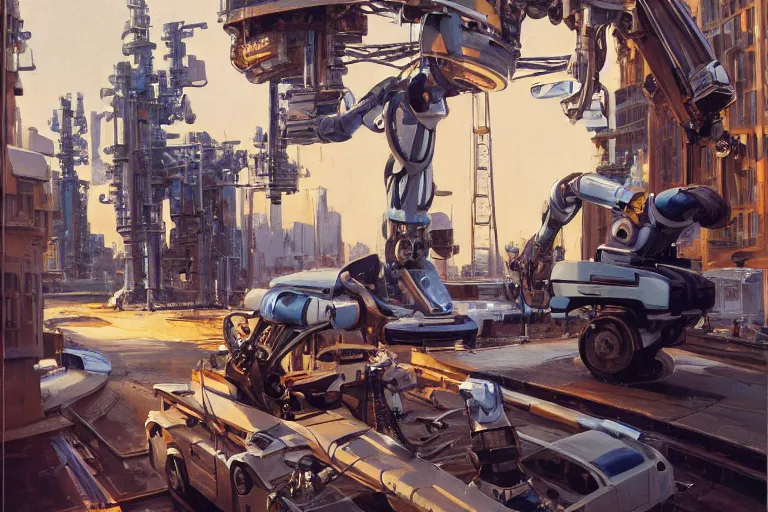 Image similar to natural landscape | robot repairing another robot, painting by syd mead, highly detailed, rule of third, soft lighting, 8 k resolution, oil on canvas, architectural magazine, beautiful detailed, insanely intricate details, artstation trending, hypermaximalistic, high details, cinematic