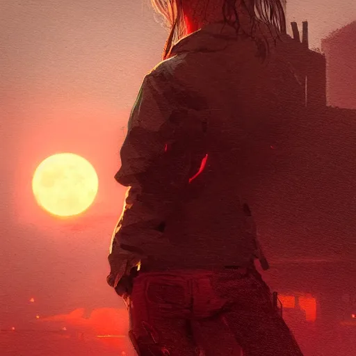 Image similar to A portrait of a suicidal girl, ruins of a destroyed city and a yellow-red full moon on background, techwear, dark, rainy atmosphere, natural volumetric light, intricate, highly detailed, digital painting, concept art, sharp focus, illustration, art by greg rutkowski, matte painting, trending on artstation