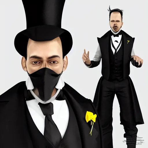 Image similar to a highly detailed portrait of a man in a high top hat covering his face, in a black tailcoat with a yellow waistcoat under the tailcoat, artstation, deviantart, professional, unreal engine 5, photorealistic