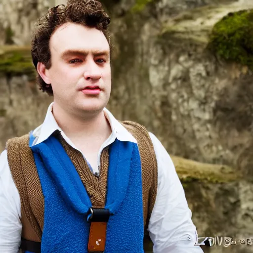 Image similar to close up headshot of a frowning clean shaven pudgy British lad with short curly dark brown hair as a hobbit wearing a white men's crossbody sling chest bag and blue vest, blue vest!! white crossbody chestbag!! high resolution film still, by Elizaveta Porodina