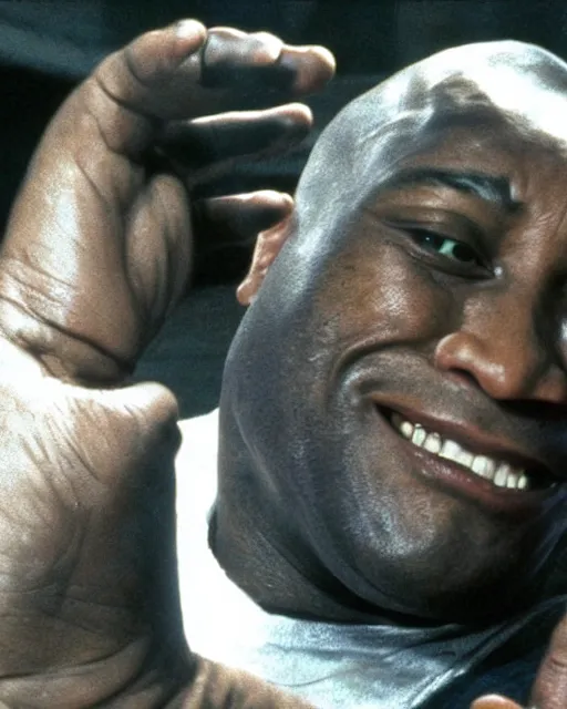 Image similar to film still close - up shot of dwayne johnson as john coffey petting a mouse in the movie the green mile. photographic, photography