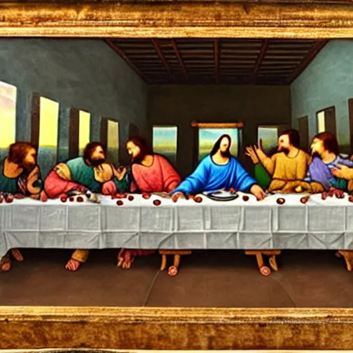 Image similar to a painting of the last supper with cat Jesus and dog disciples