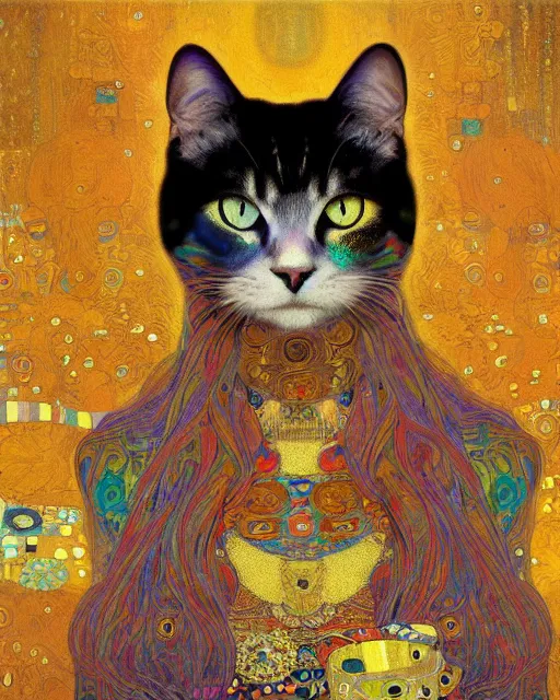 Prompt: hippie cat portrait an oil painting splashes with many colors and shapes by gustav klimt greg rutkowski and alphonse mucha, polycount, generative art, psychedelic, fractalism, glitch art